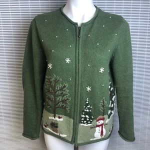 Green Snowman Winter Themed Zip Up Sweater